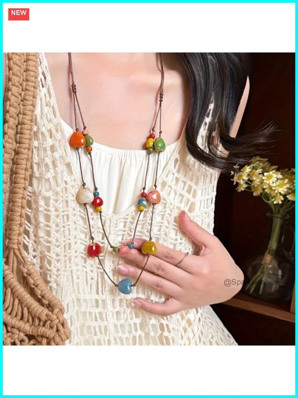 Bohemian Ceramic Bead Necklace Handmade Multi-Color Long Statement Jewelry